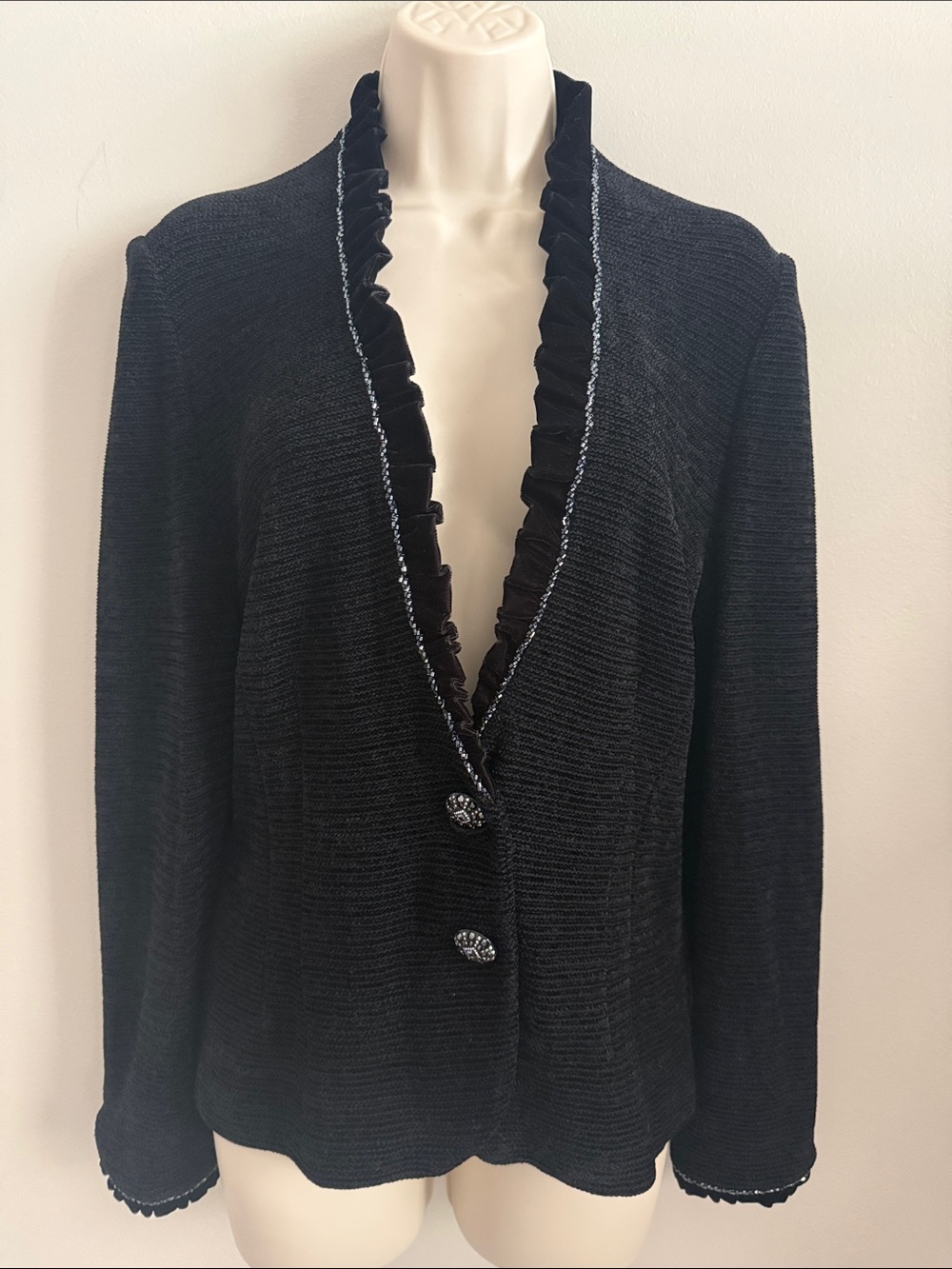 St. John Evening by Marie Gray Black Ruffled-Trim Knit Beaded Blazer Vintage 8